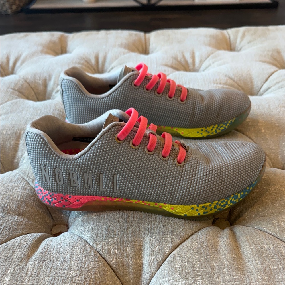 NOBULL Women’s 7 Gray Sneakers with Pink Laces and Colorful Soles‎